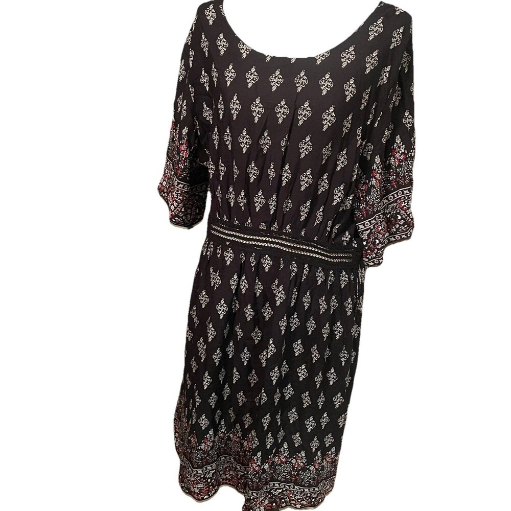 Boho Embroidered Peasant Dress 2XL Black Goth Floral Print Mid Length No Flaws
